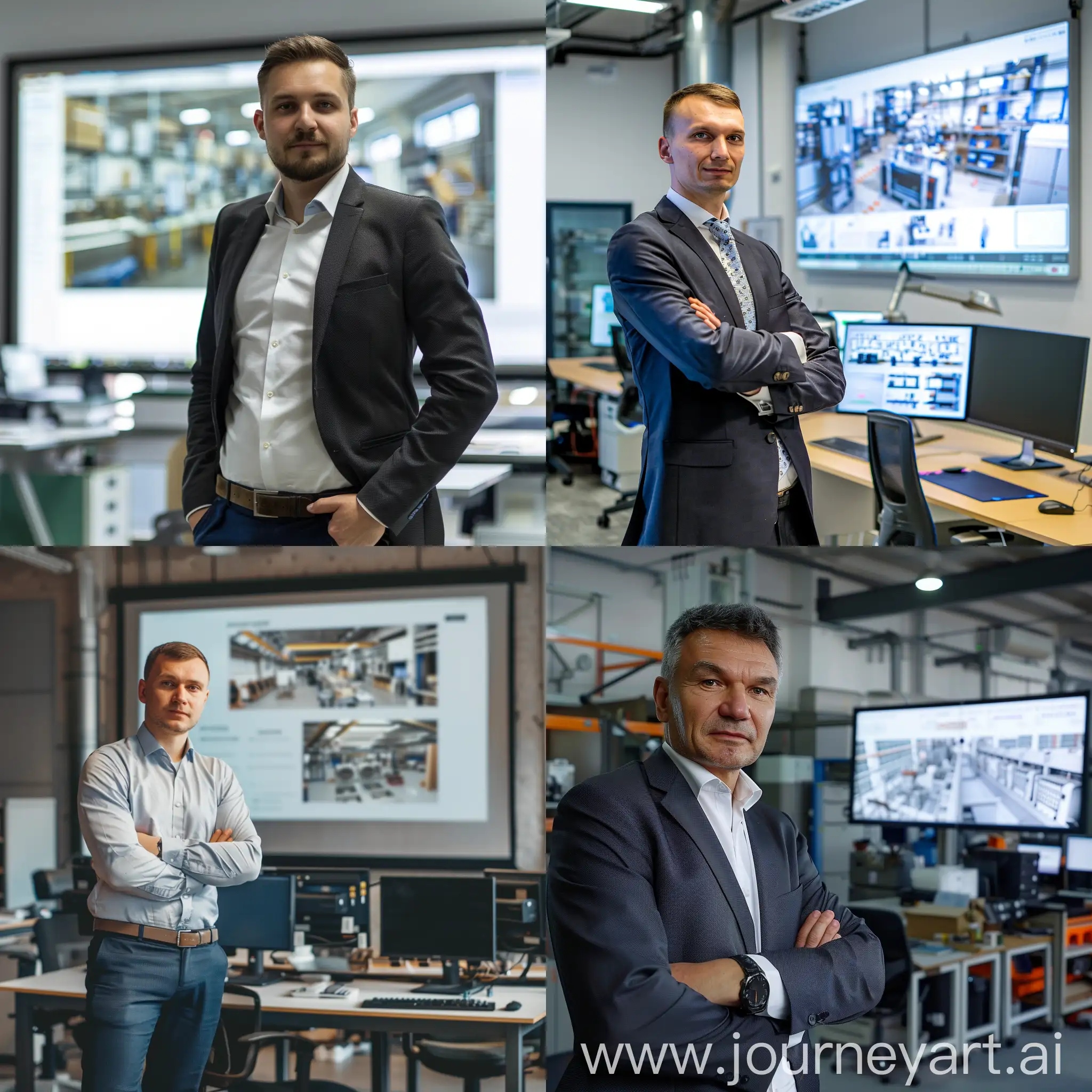 portrait of a businessman, presentation of an investment project, office, screen, the screen shows the workshop of the plant