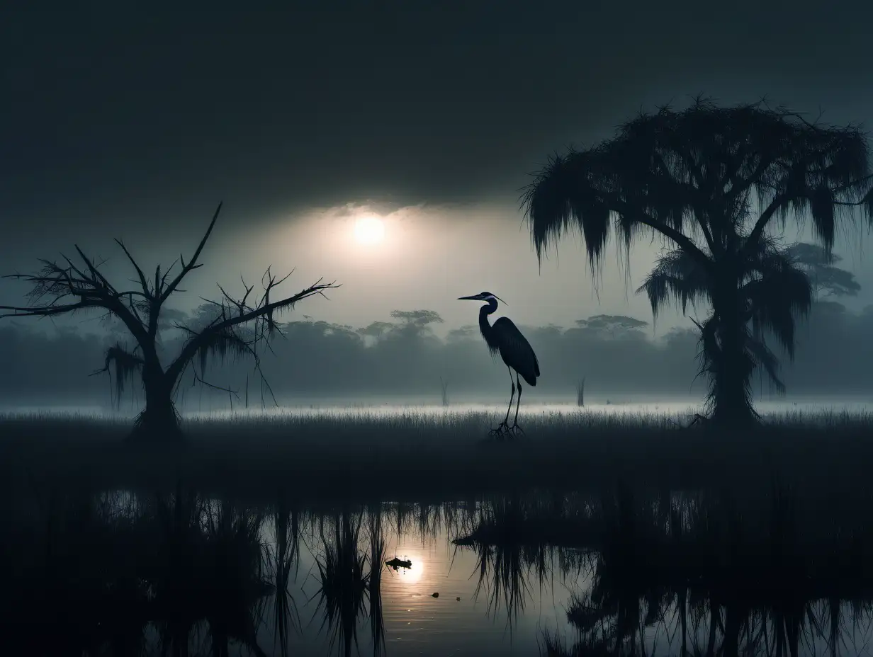 swamp on the horizon the silhouette of a giant heron can be seen from the treetops , raw in real style —v 6, high detail, science fiction, proportional, hyperrealistic, UHD, —v 6 realistic photos photorealistic scene in a swamp in thick fog gloomy dangerous atmosphere mosquitoes, in a shroud, Africa, at night —ar 3:4 —styling 250 —v
