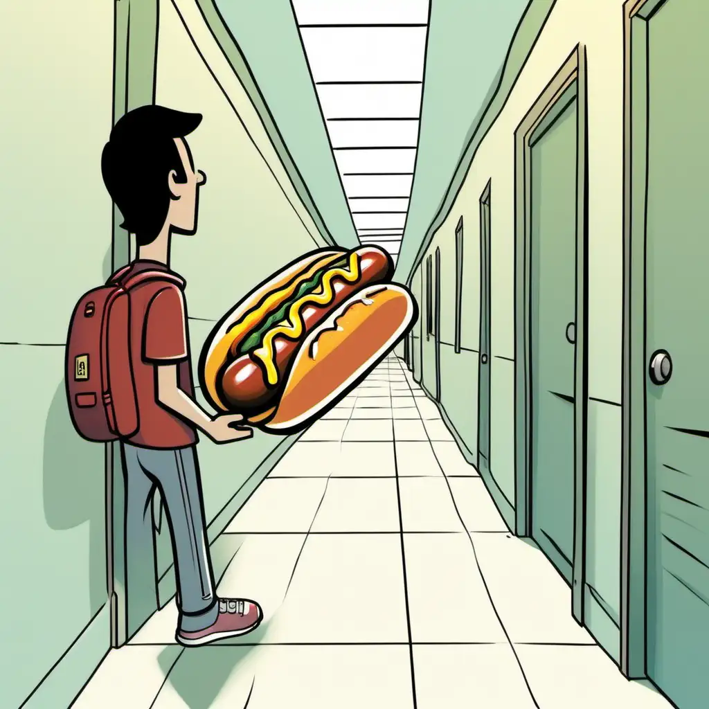 a guy throwing a hotdog down a hallway with hotdog in hand, show the guy from the back with a smaller hotdog, cartoonish