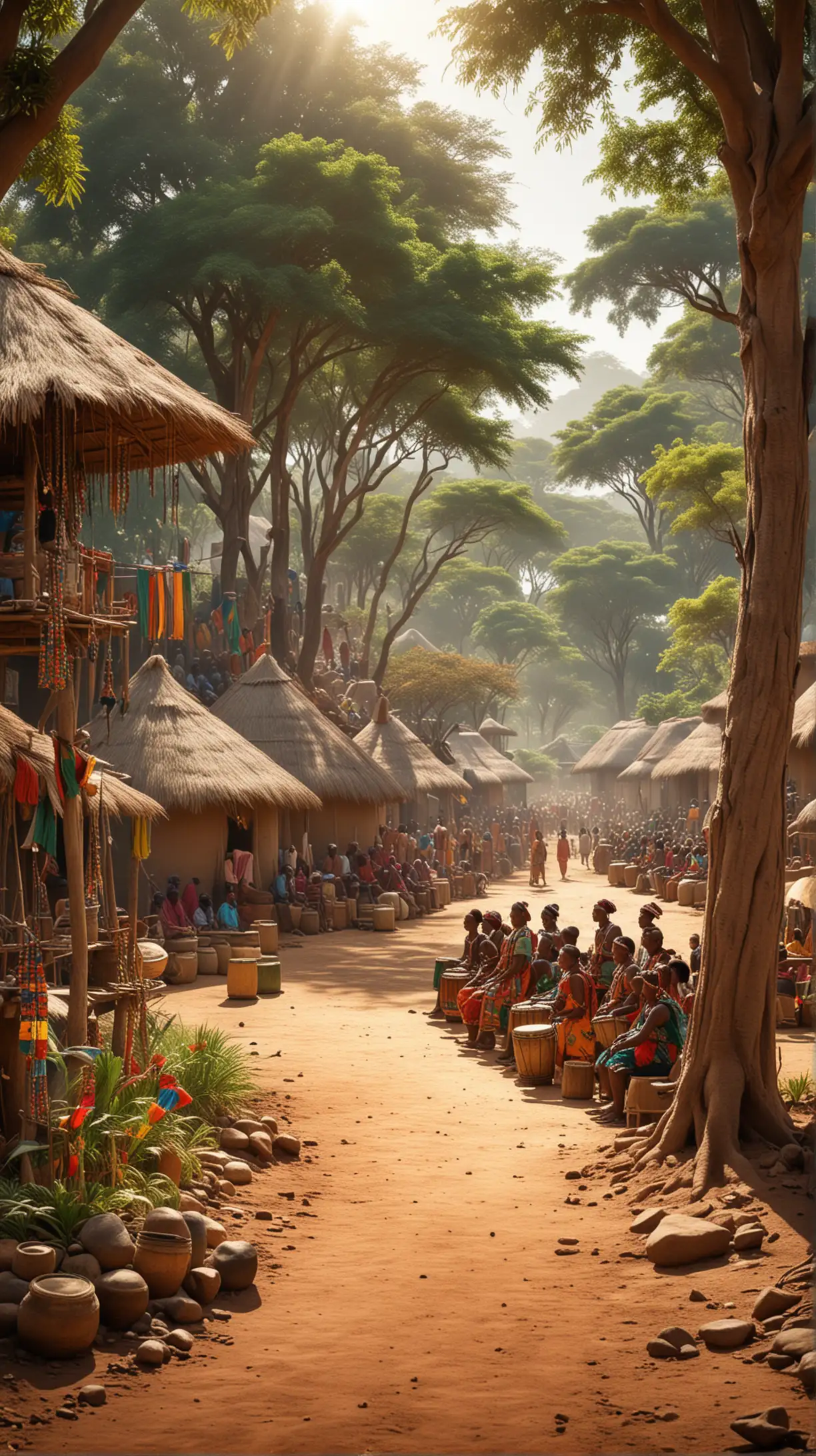 Celebratory African Village Gathering with Traditional Attire and Music