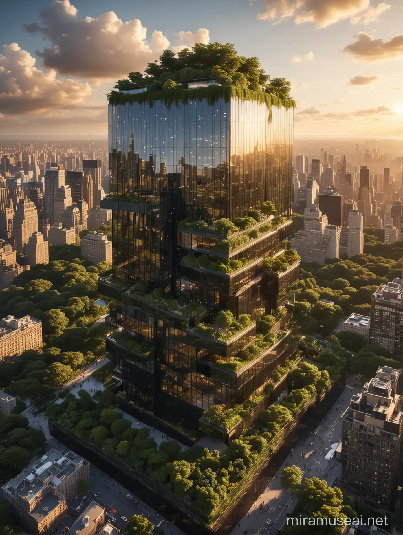 Eco-friendly,  tower, terraced building with lush rooftop gardens and fluid lines, , sublime and visionary, at the central park, many cubic black glass, designed by  modern,  32k , drone view, with clouds hyper- realistic photo, cinematic light, sunset with people, with lush