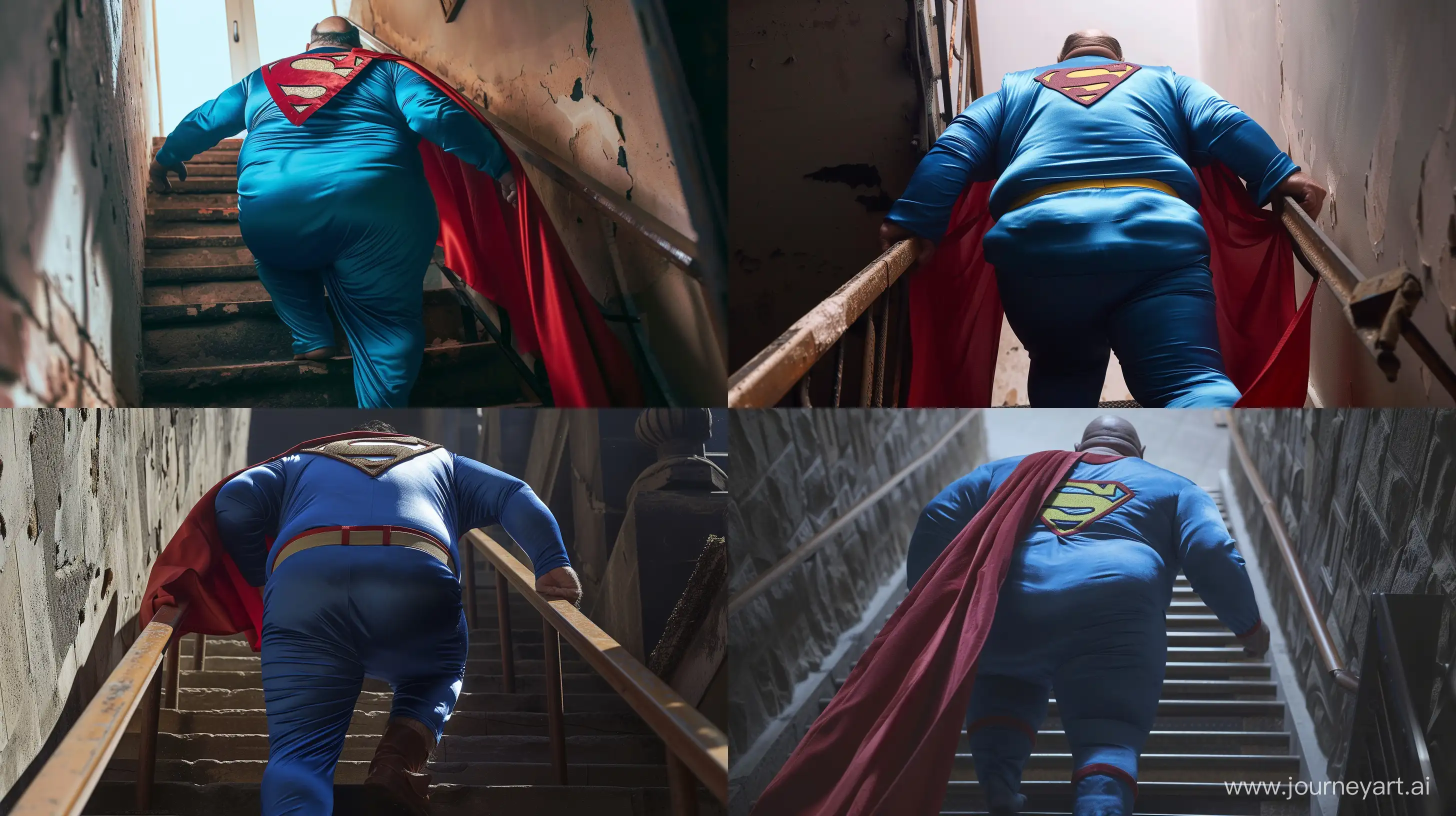 Back view low-angle shot photo of an obese man aged 60 wearing a silk blue 1978 superman costume with a red cape. Climbing stairs. --style raw --ar 16:9