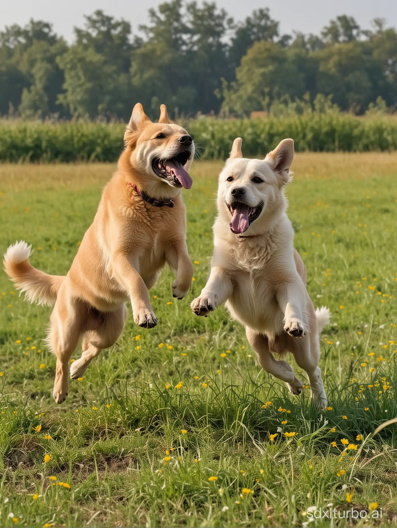 The playful dogs frolicking in the fields