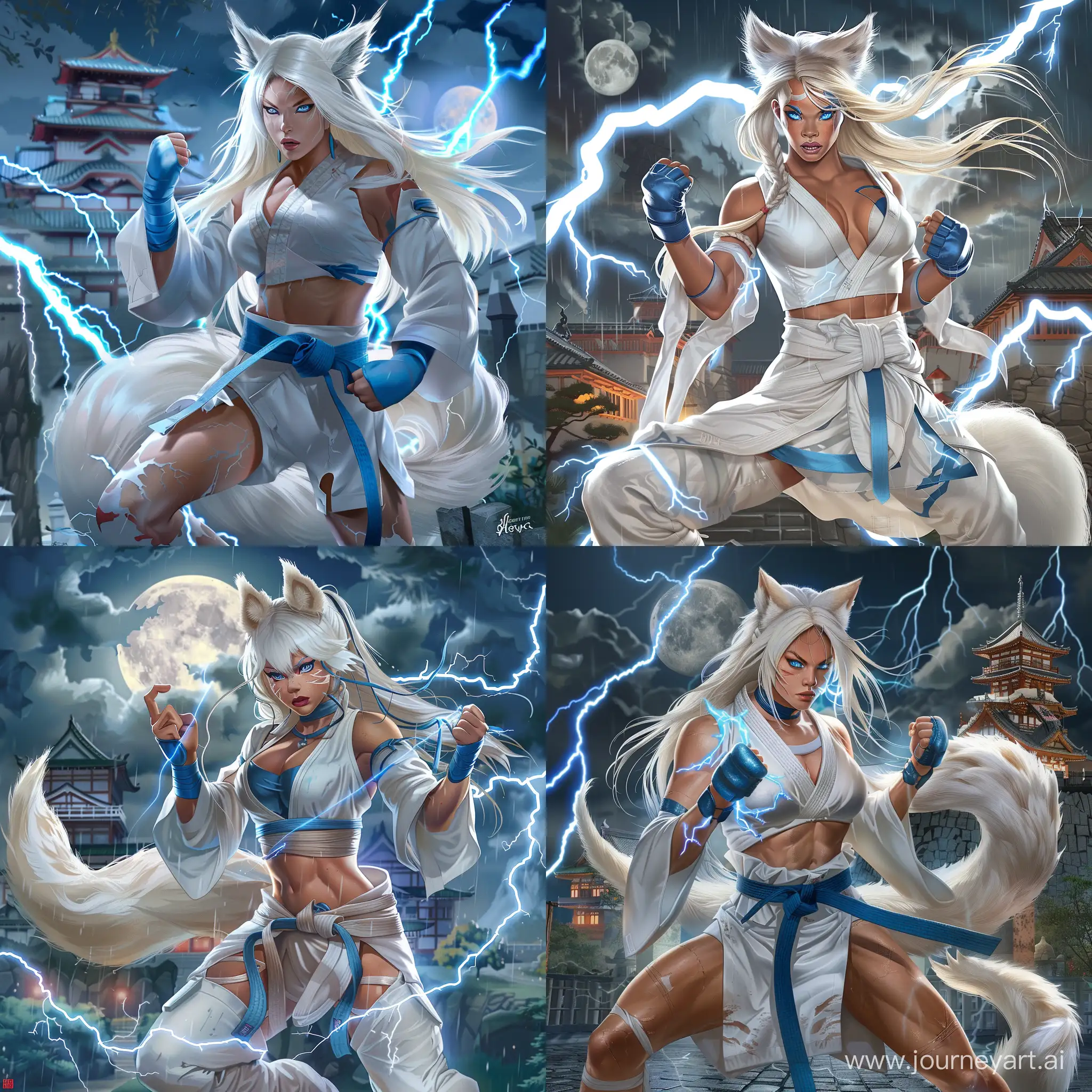 Dynamic-Asian-Woman-in-White-and-Blue-Martial-Arts-Gi-Using-Lightning-Magic-at-Japanese-Castle-Night