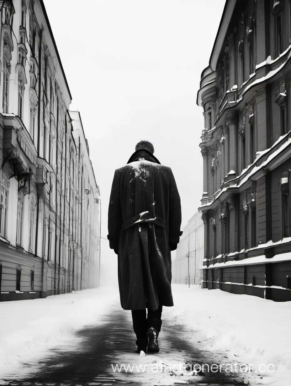 сделай человека идущего в очень грязном вицмундире черно белое в петербурге спиной зимой
