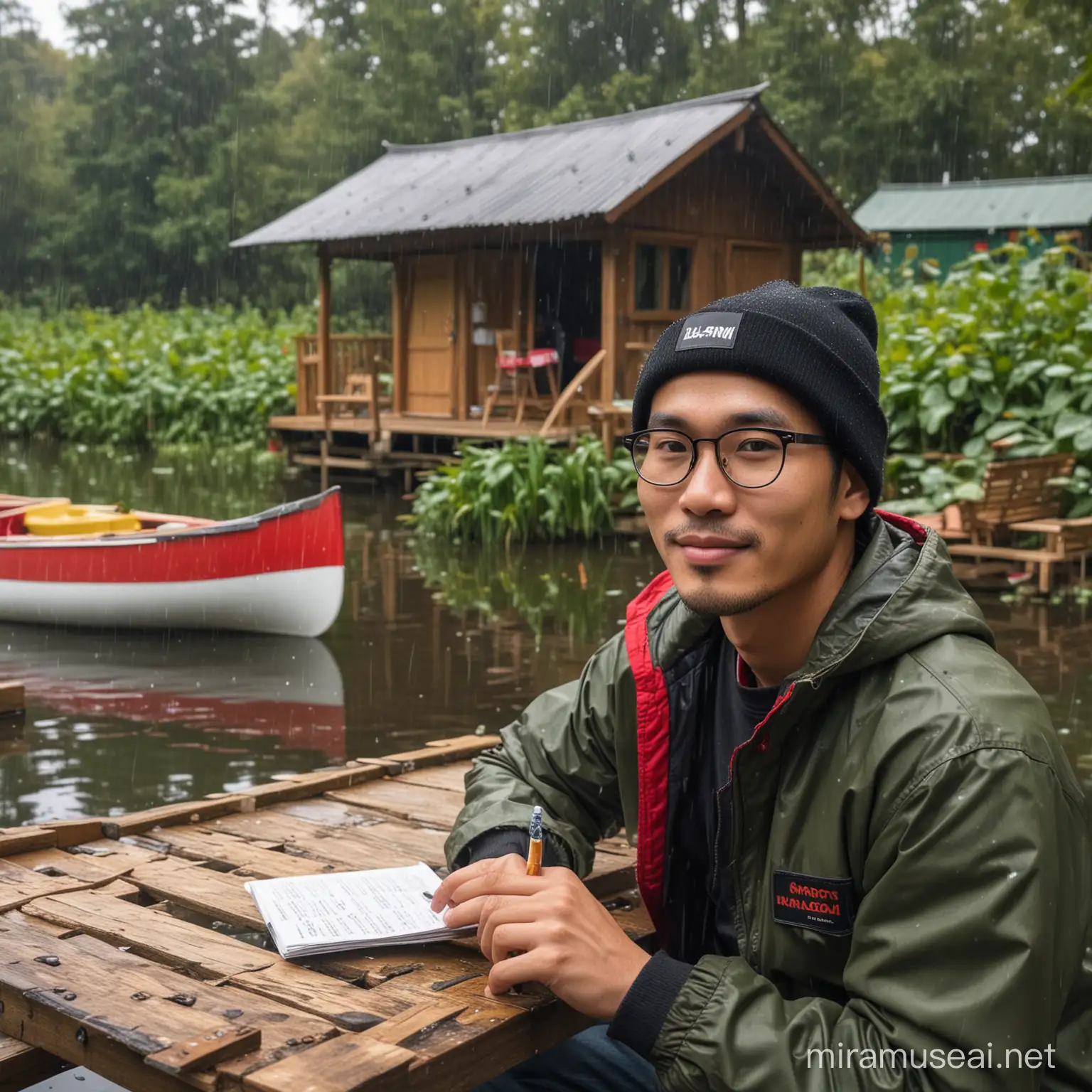 Stylish Asian Man in LeafRoofed Hut by Rainy Lake Urban Cool in Nature