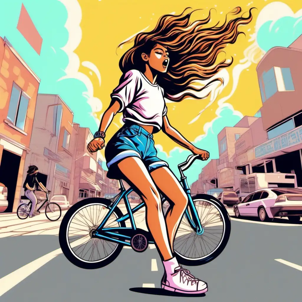 Create a girl riding a bike while popping gum, wind blowing in her hair, make y2k styled coming towards the screen
