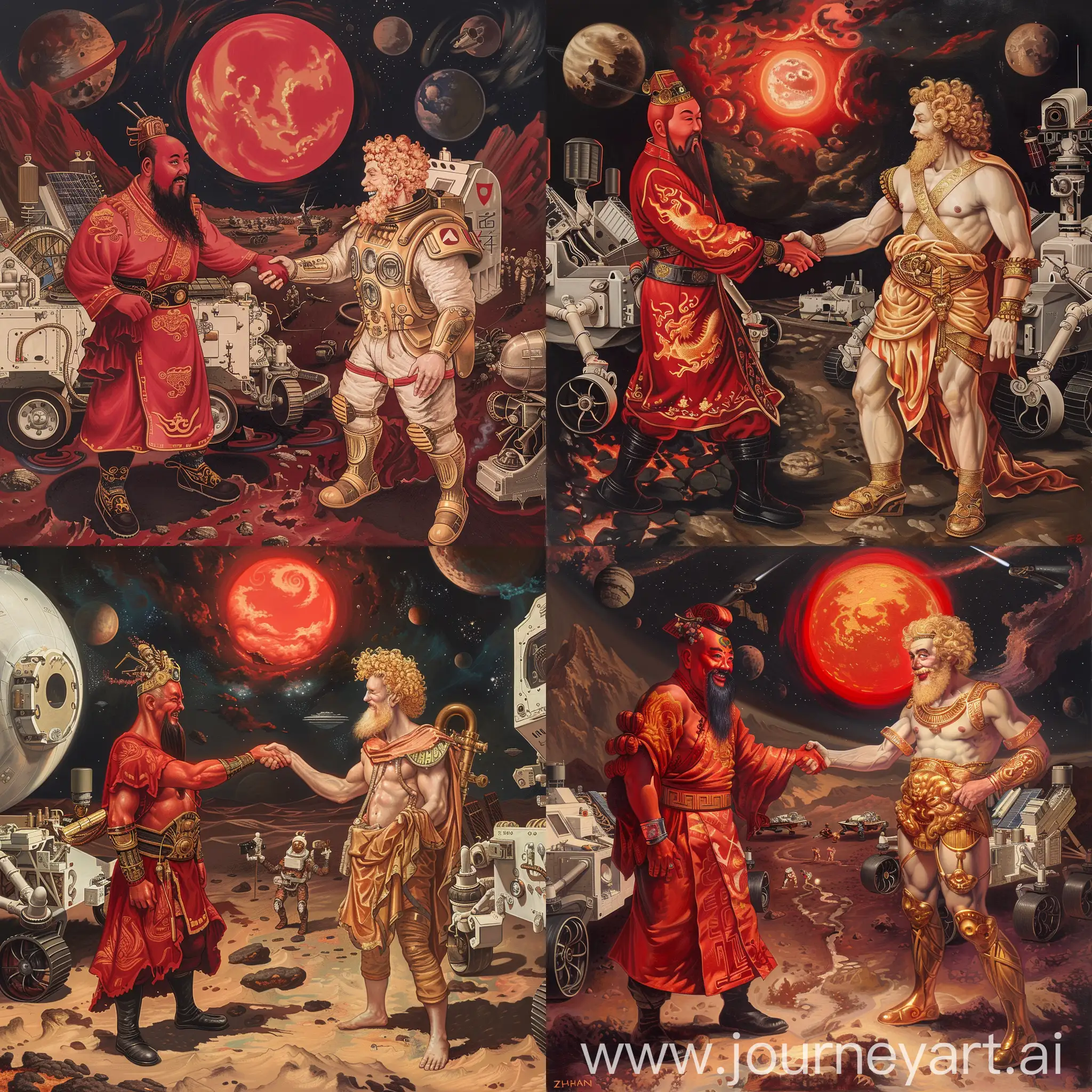 Mucha painting mode:

at left, a Chinese Mars rover Zhurong, and an ancient handsome Chinese fire god in red Hanfu robe and black boots, with red skin and black beard.

at right, a USA Mars rover Perseverance, and a Greek god Vulcan with blond curly hair, beard and golden Greek clothes.

they are friendly and shaking hand wih each other.
they are 

Mars steel bases and other white Spaceships as background,

a red sun is smiling in dark sky,