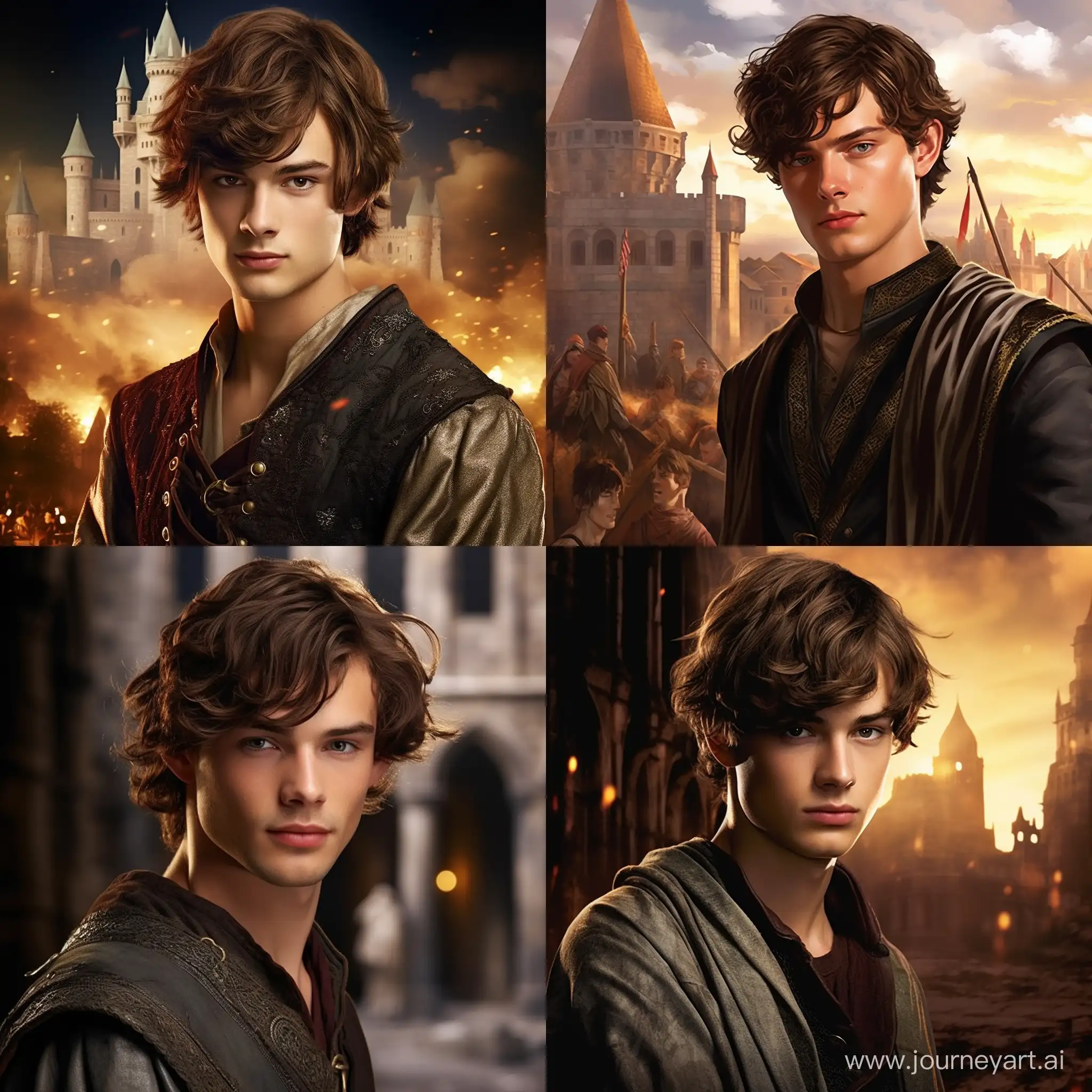 Generate an image set against the backdrop of a medieval city, portraying a 22-year-old governor's son with tousled brown hair, gray eyes, and a rugged face marked by subtle wrinkles. Include a crystal hanging around his neck, radiating a mystical light. Capture his confident presence and alluring charm within the enchanting atmosphere of a medieval urban landscape, lord of the rings style