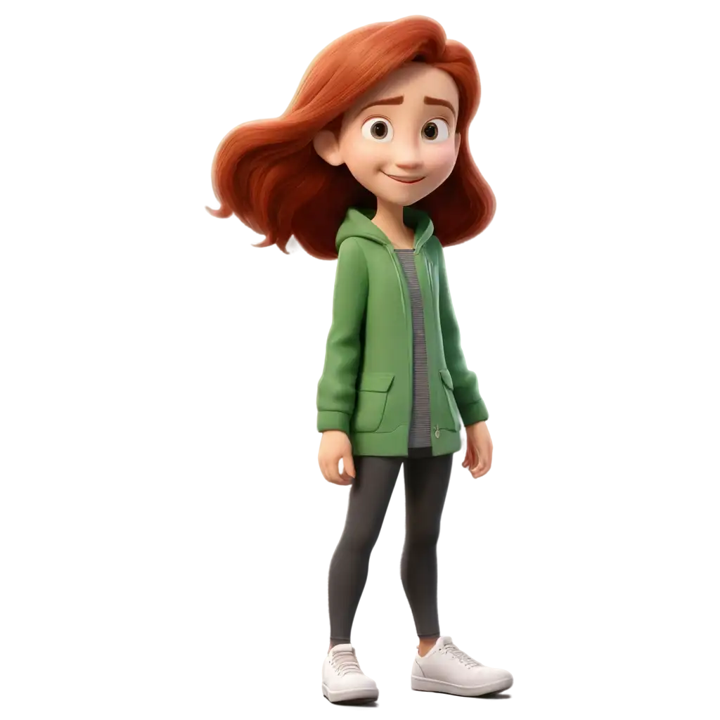 girl 11 years old, long red hairpin green jacket,pixar,3d animation