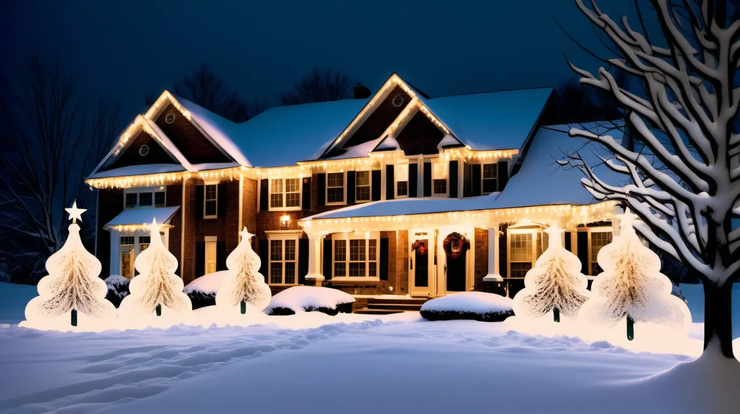 "Illuminate the snowy landscape under the soft glow of Christmas lights, evoking a sense of holiday magic."