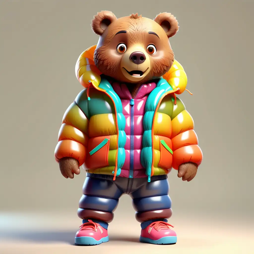 可爱的棕熊，卡通风格，站立，全身，透明衣服盖着彩色羽绒服，穿着运动鞋 ，
