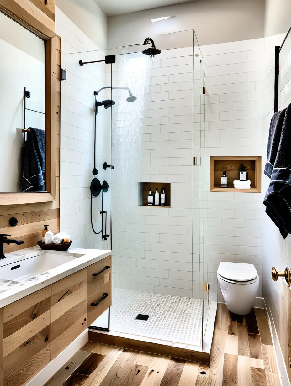 bathroom with white oak wood accent wall and white walls, glass shower, tile floor, one sink