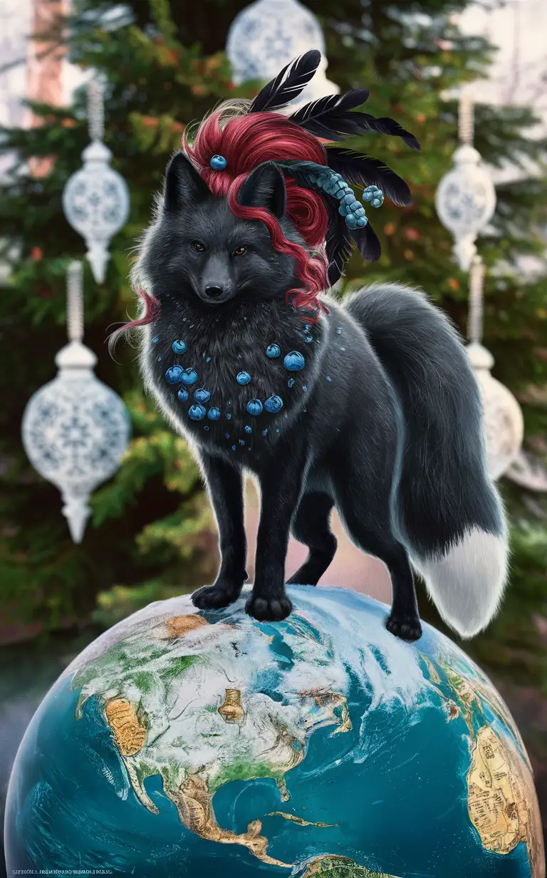 Werefox, kitsune, in the forest, black fur, blueberries in the fur, winter, ice peaks in the fur, red hairstyle, black feathers in the hairstyle, standing on a big globe, 2d drawing, surrealistic, 32k, professional drawing, Finnish ornaments