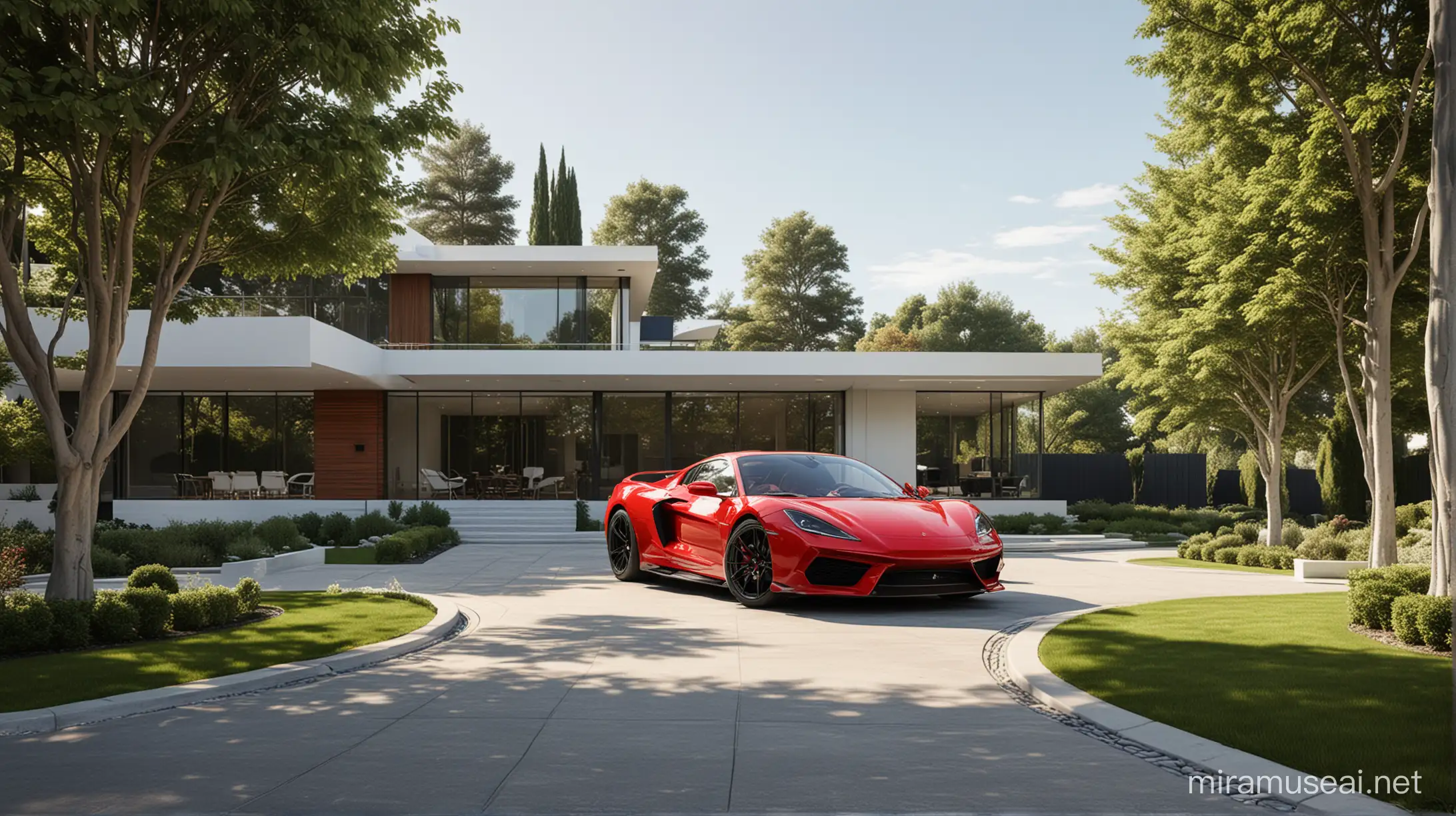 "Create a luxurious and modern scene that showcases a synergy between high-end architecture and automotive design. The setting is an affluent residential area with a contemporary house featuring large glass windows, minimalist design, and clean lines. The house should have a combination of materials such as wood paneling and white concrete, with a flat roof extending to create a cantilevered overhang.

In front of the house, place a sleek, high-performance sports car with a glossy finish to reflect its well-maintained condition. The car should have a low and wide stance, demonstrating its power and elegance, with distinctive red brake calipers visible through the wheel spokes.

The surrounding landscape should include manicured hedges, mature trees, and a well-kept lawn. A sculptural pathway leading to the residence adds to the luxurious feel of the environment. The lighting should be natural, indicating a bright sunny day with soft shadows to emphasize the volumes and materials of both the house and the car.

Lastly, ensure that the overall composition balances both the house and the car, with the vehicle placed at an angle that shows off its design while also drawing the viewer's gaze towards the home in the background."

For a more technical approach, you would use 3D modeling software to create the structures and the car, apply realistic textures and materials, and then render the scene using a powerful rendering engine to achieve photorealistic lighting and reflections. Post-processing might be necessary to enhance the final image's visual appeal.