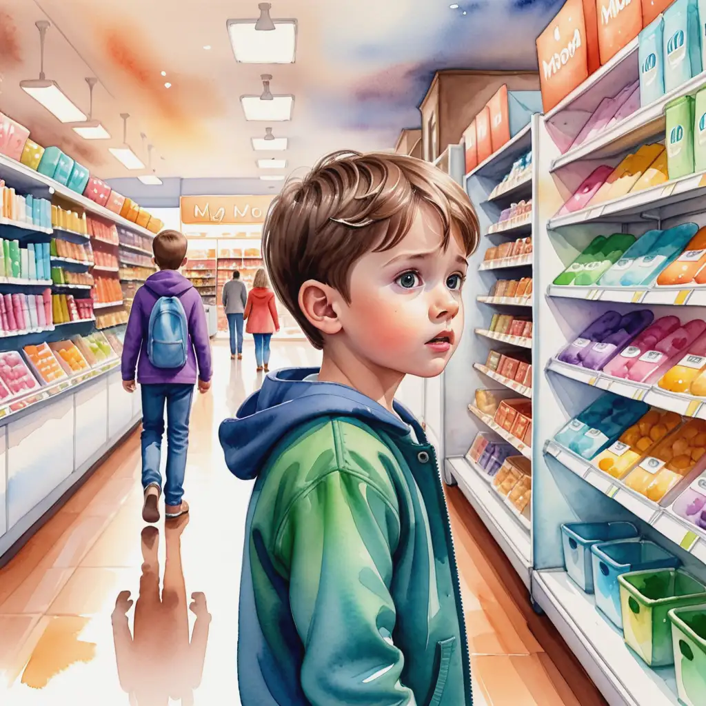 vytvoř situaci, která zachycuje strach, chlapec je sám v obchodě, ve tváří má strach a hledá mámu. malé děti, hledají mámu,akvarel ilustrace, reálná ilustrace