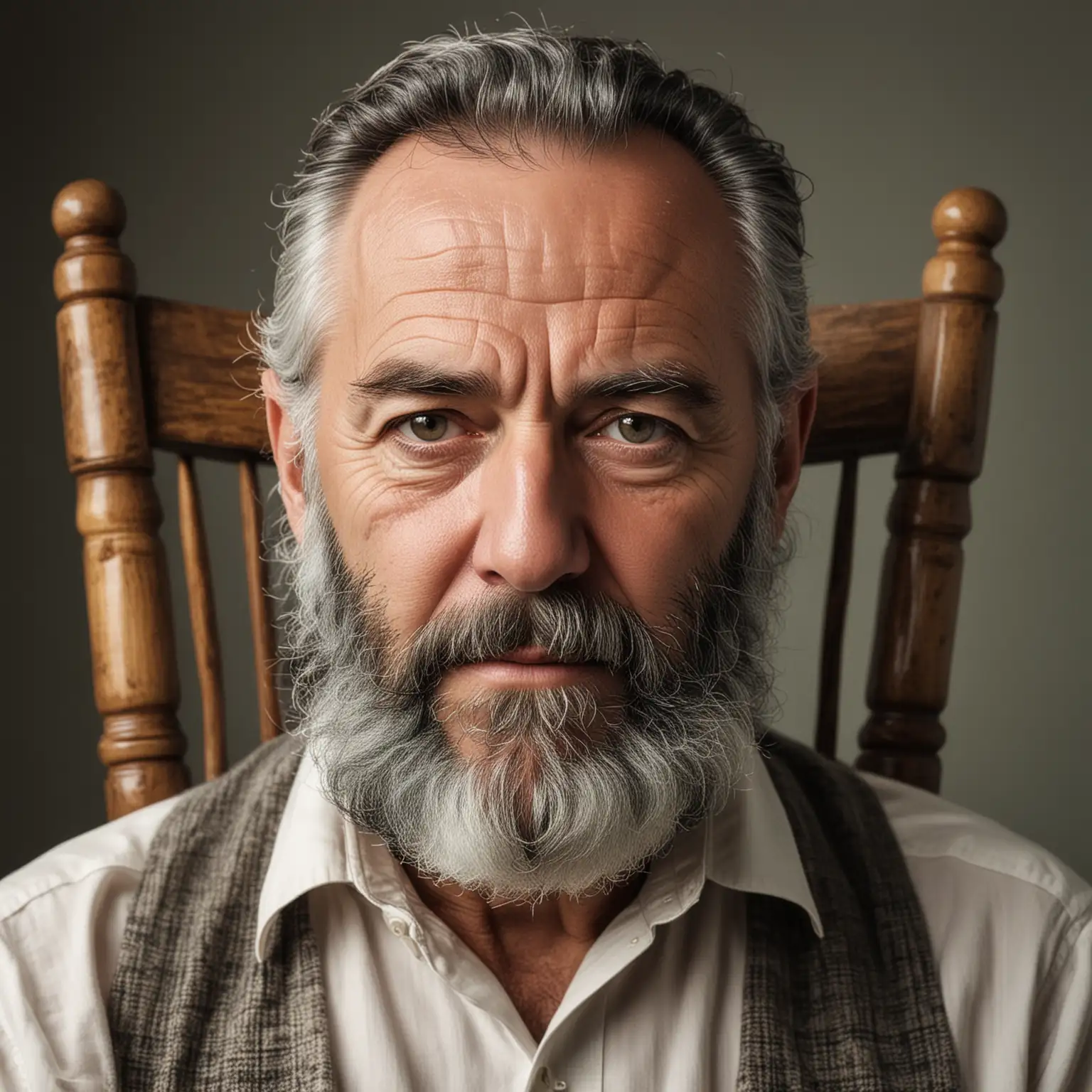starszy Pan koło 50 lat z siwo czarną brodą buja się na fotelu.  Na zdjęciu twarz jest symetrycznie widoczna , widoczna jest również cała postać mężczyzny siedzącęgo na bujanym fotelu.
