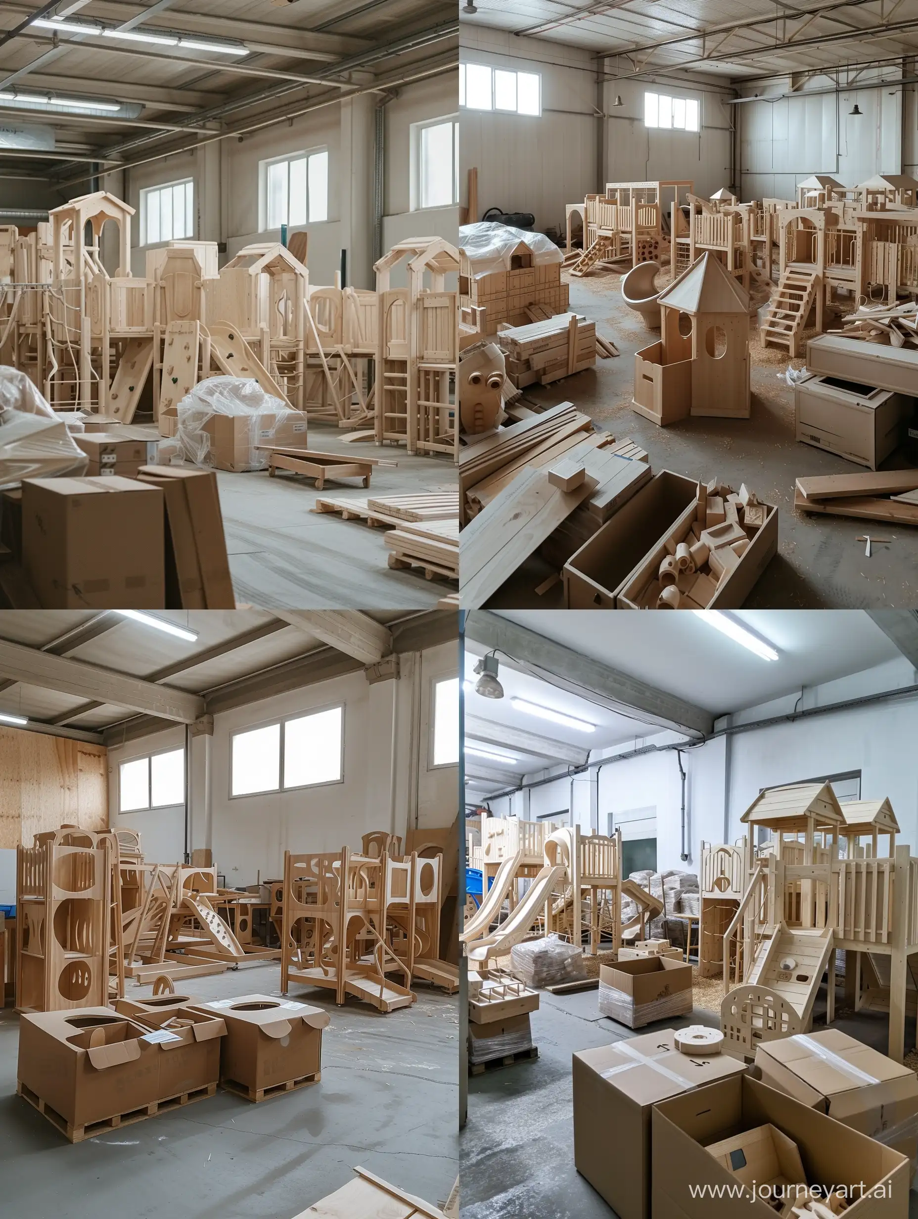 A warehouse of ready-made wooden playgrounds in disassembled form, packed in boxes and film in the workshop.
Photorealism