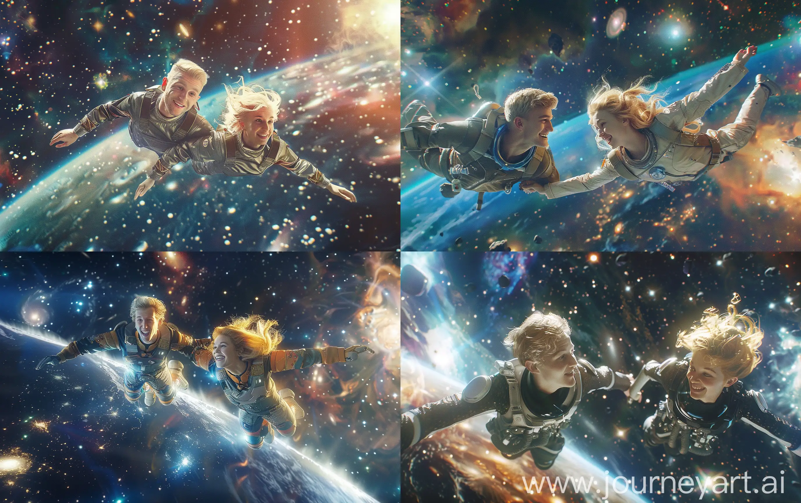 Quantum Entanglement, a european fair-hair man and a beautiful blond woman fly in space on a planet orbit, they are happy looking to each other, they are wearing futuristic simple spacesuits, deep space on background with bright galaxies and a nebula, realistic, hi resolution, Canon 18mm --ar 16:10