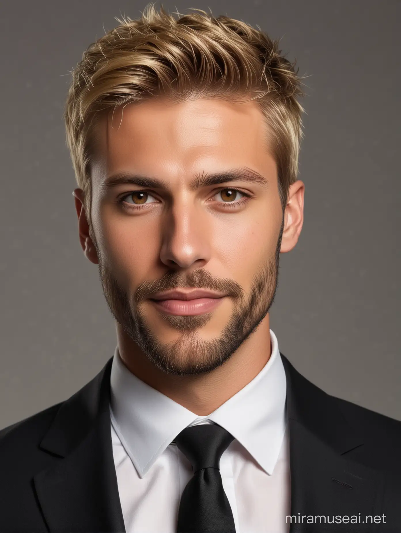 Un hombre guapo de cabello rubio y ojos café, mandíbula cuadrada con barba, con traje negro de treinta años muy sexy