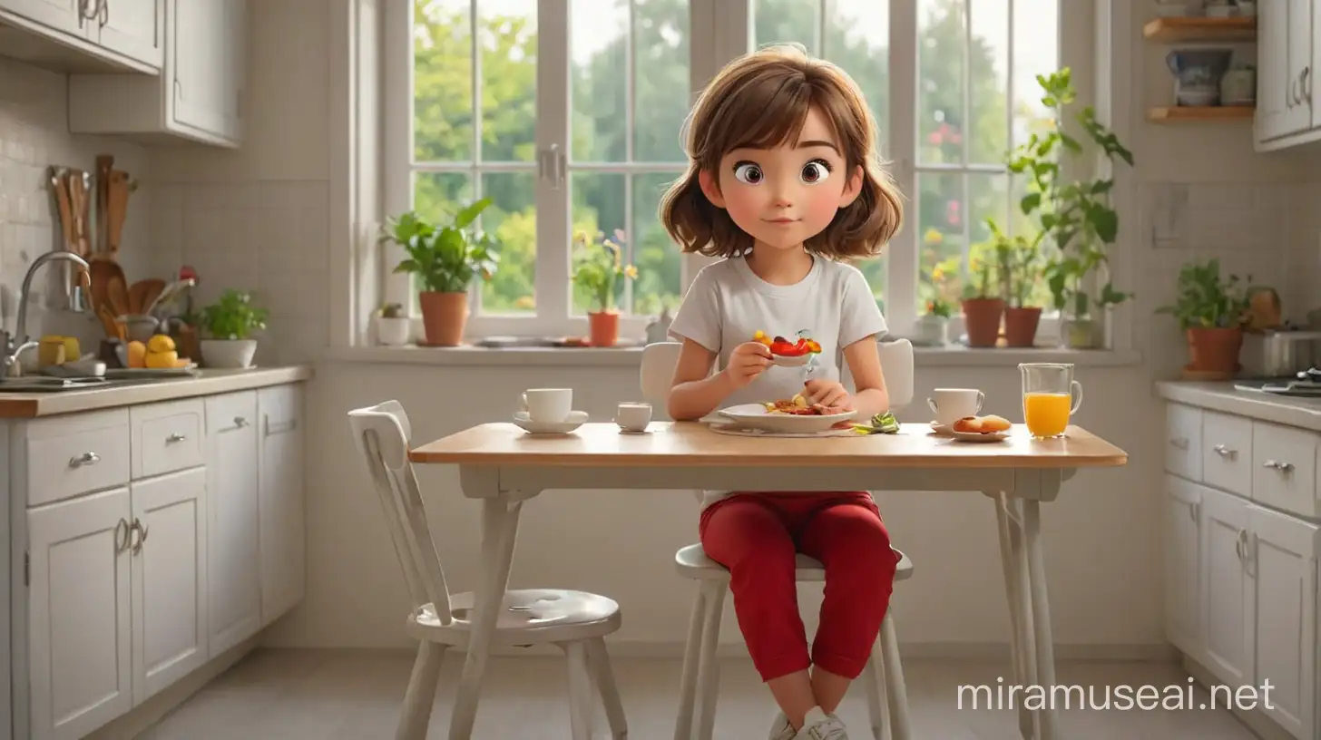 little girl sitting in the chair and front of her table in the kitchen and eating breakfast and there is a window in the kitchen with a garden view, the girl should be wearing red pants and a white T-shirt, with cartoon-style 