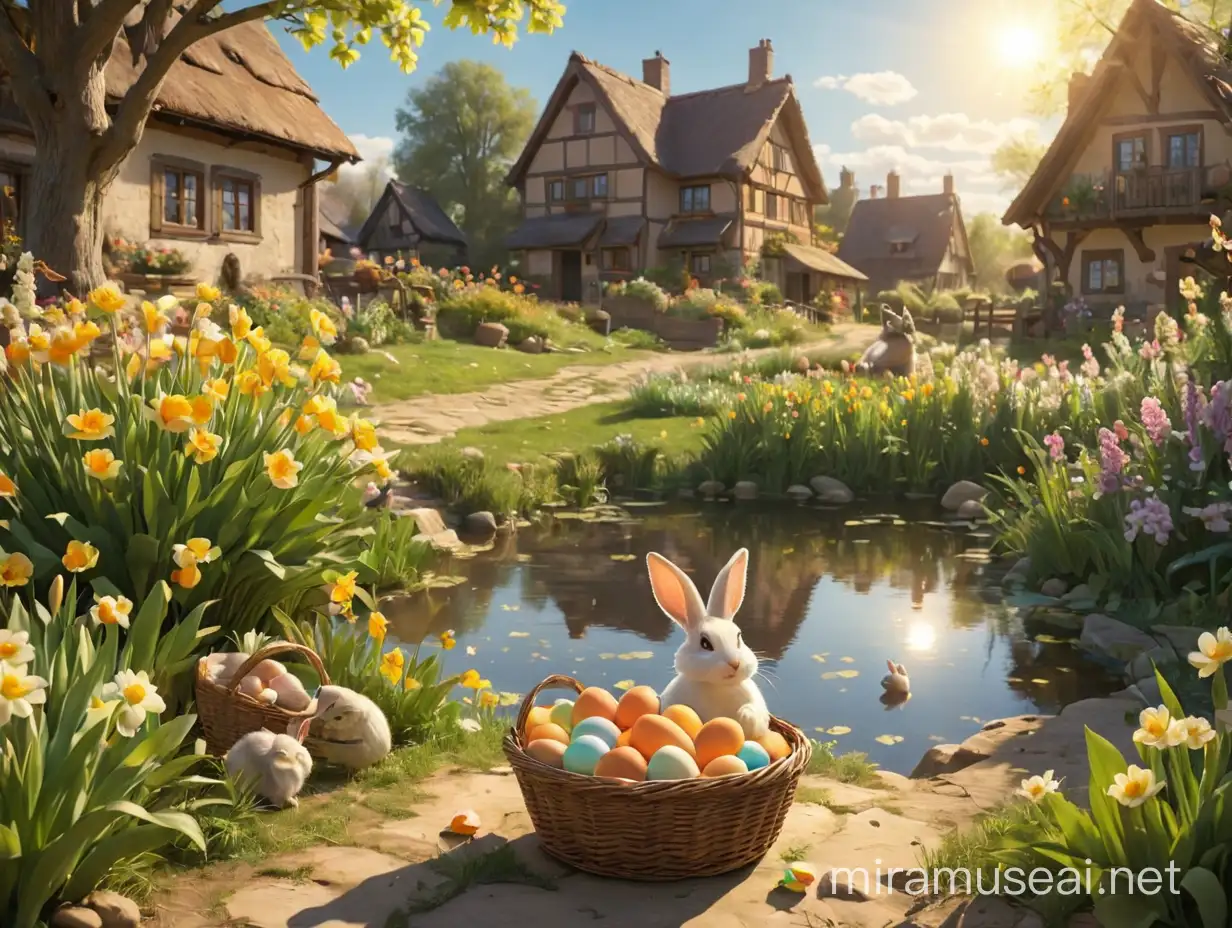 Spring, in the distance a village with a pond, in the middle a basket with eggs next to flowers and a rabbit, the sun is shining, the illustration is almost 3D