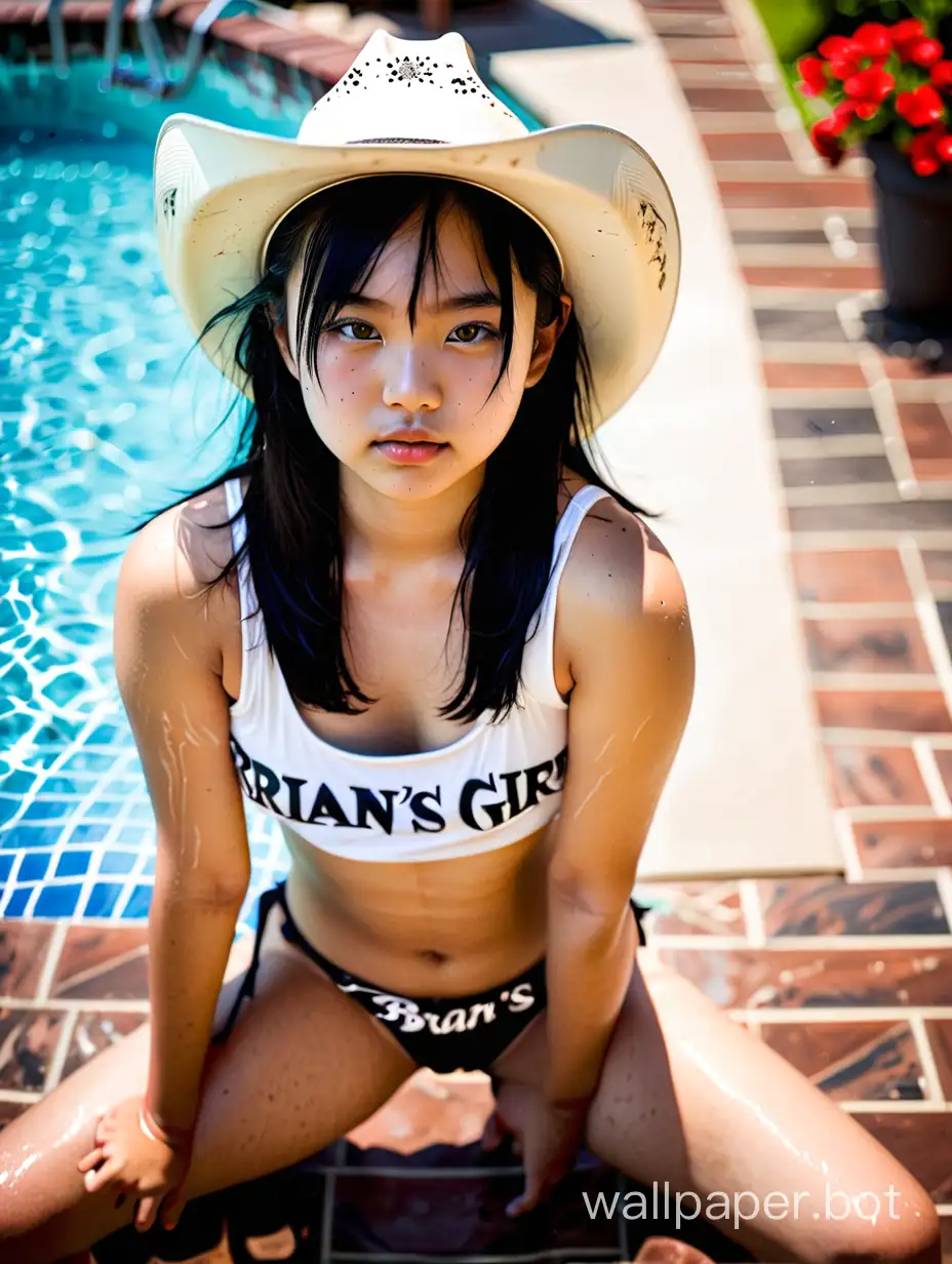 14 year old Chinese girl black hair black eyes in a cowboy hat wearing a white tank top that says " Brian's girl " and wearing a black bikini bottom laying by pool