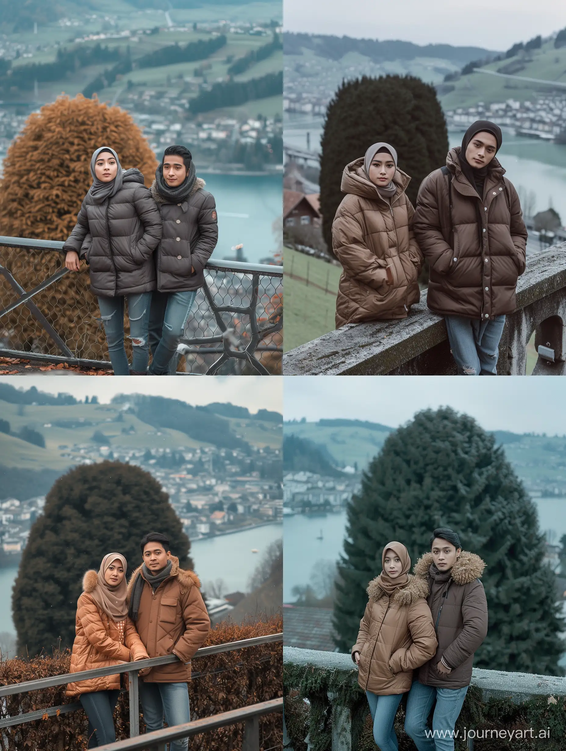 A pair of men and women wearing Javanese Indonesian hijabs (25 years old, long and clean faces, Indonesian hair, thin bodies, brown skin, thick winter jackets, jeans) stand posing like models on a Swiss bridge, behind them, among them there is a large bush tree , hills and lakes. photo slightly tilted to the side, faces look clear and detailed, they are above a Swiss city, beautiful view of Swiss hills, low lighting, ultra HD, original photo, very detailed, very sharp, 18mm lens, realistic, photography, Leica camera