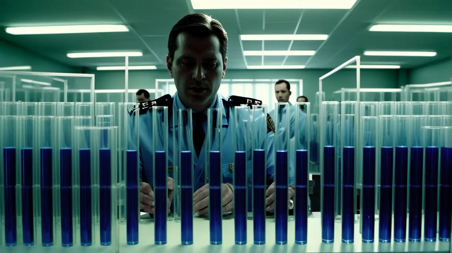 in a high tech very modern looking medical laboratory, a police officer looks at rows of men that are indentical to him standing in glass tubes that are being created into clones of the officer