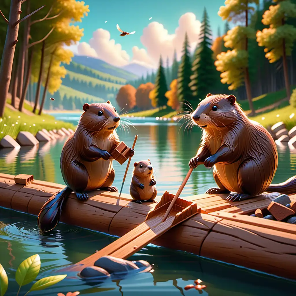 Skillful Beaver Family Building Dam in Tranquil European River