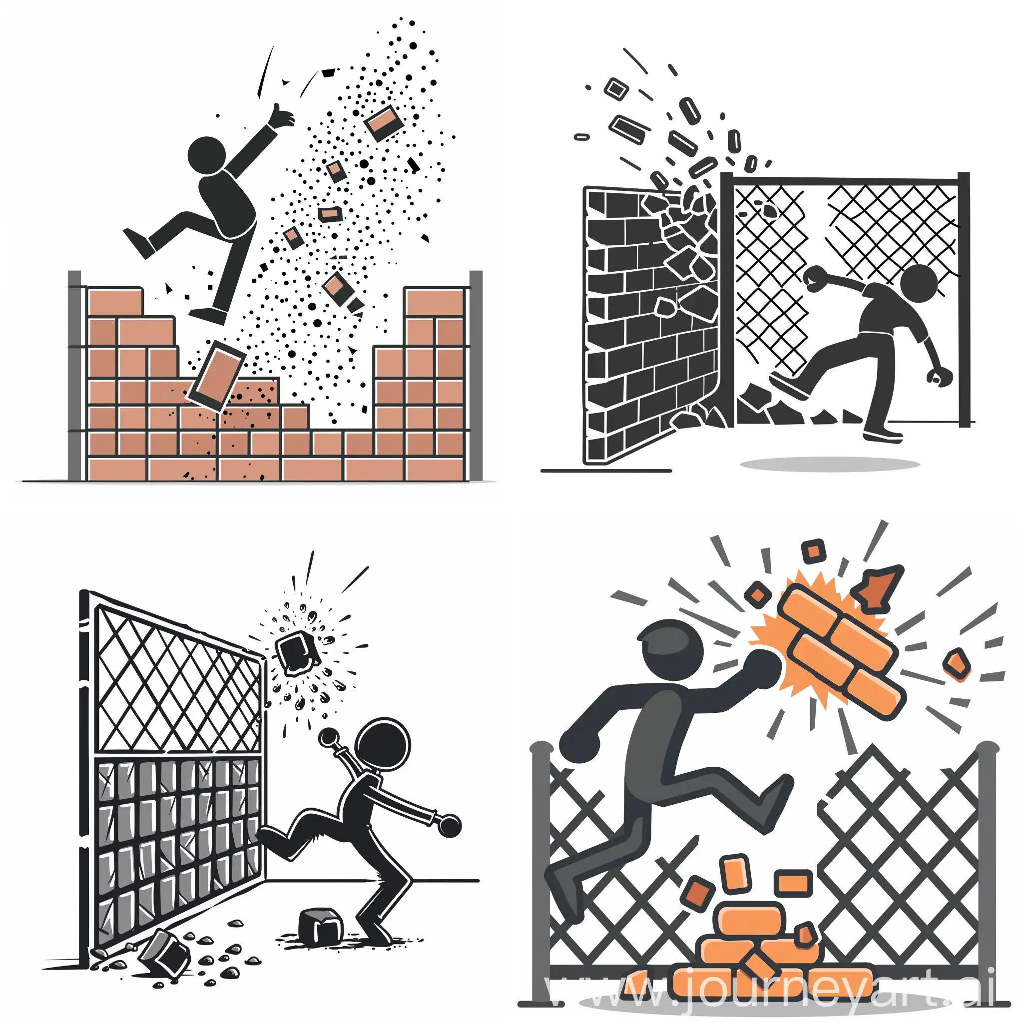Stick Figures  Man and a Wall  Brick, kick, man, wall, destroy, fence, person icon
