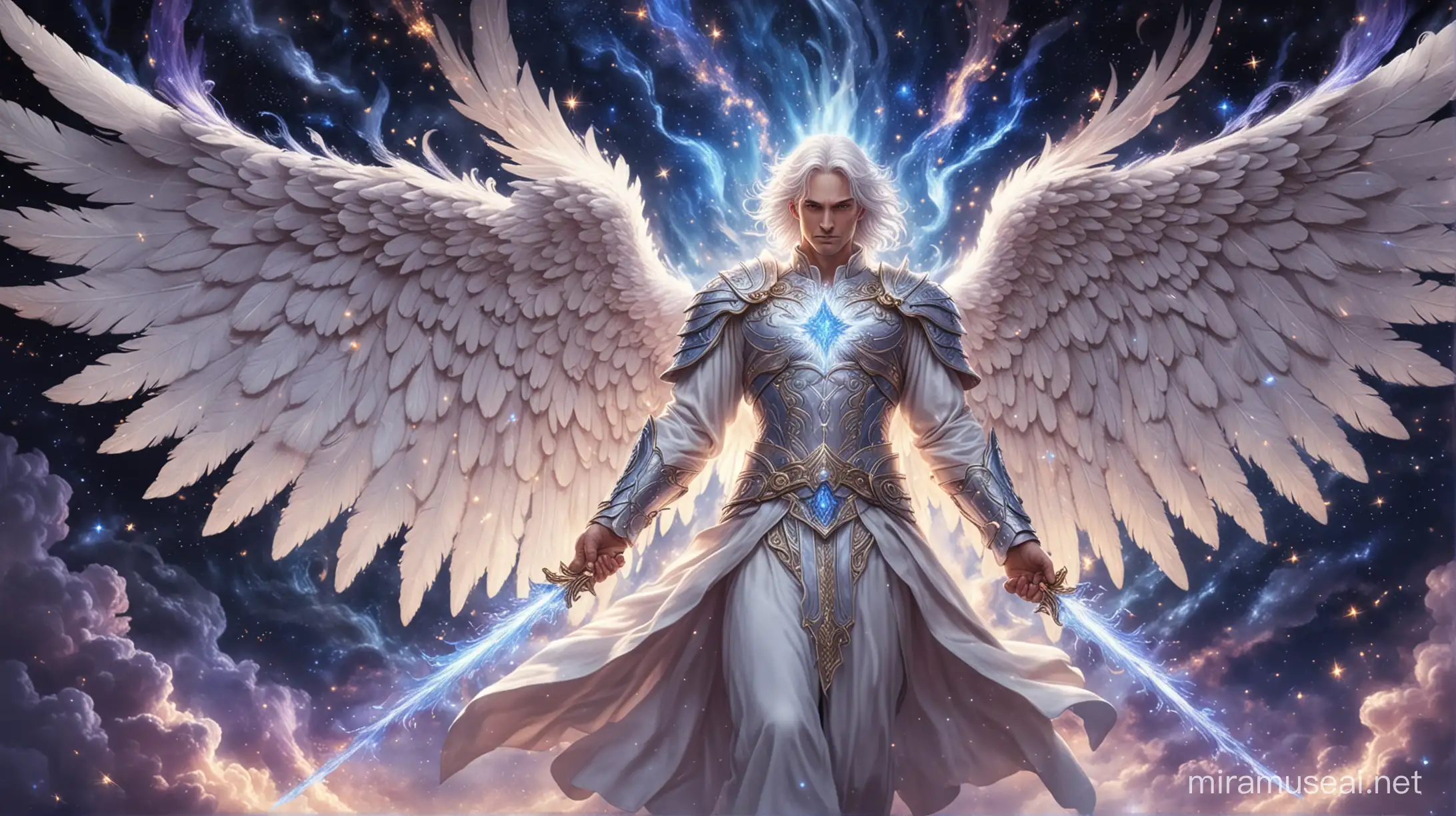 Powerful Guardian Angel with Burning Blue Flames Against Starry Background