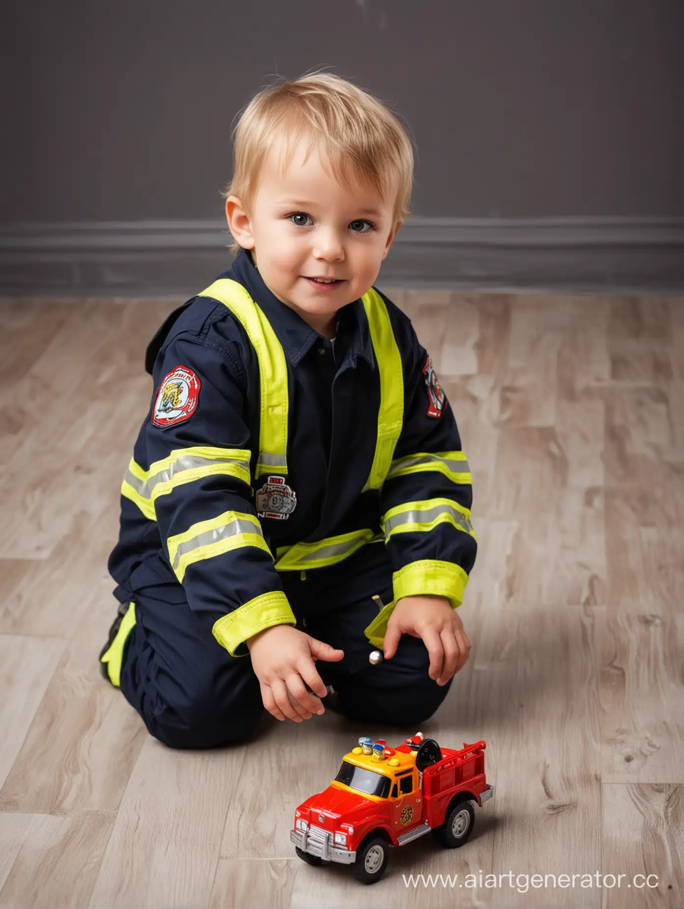 little boy in a firefighter costume squats and plays with toy cars on the floor