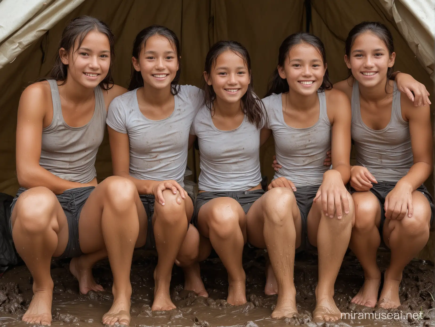 Close up on a group of 5 very young female very early middle school students, (five very young short girls of 8 to 11 years old), diverse ethnic origin including european and dark tanned asian or south american young girls such as from peru, all very short and small and thin but one a bit lightly chubby with belly, all untrained soft and non-athletic bodies, innside a large camping tent after finishing a running contest: holding eachother closely while sitting in their tent, hugging very closely while sitting in a large military camping tent panting and tired after running and looking extremely exhausted and shy and sweaty and soaked from rain and heavy weather, ((wearing only skinny tight cotton undie shorts and skinny cropped shirts only, used and worn-out and dirty from running in mud and rain)), some seen from side, some from back looking to viewer, high quality image, very detailled, rich skin and clothing texture, raw image, natural light