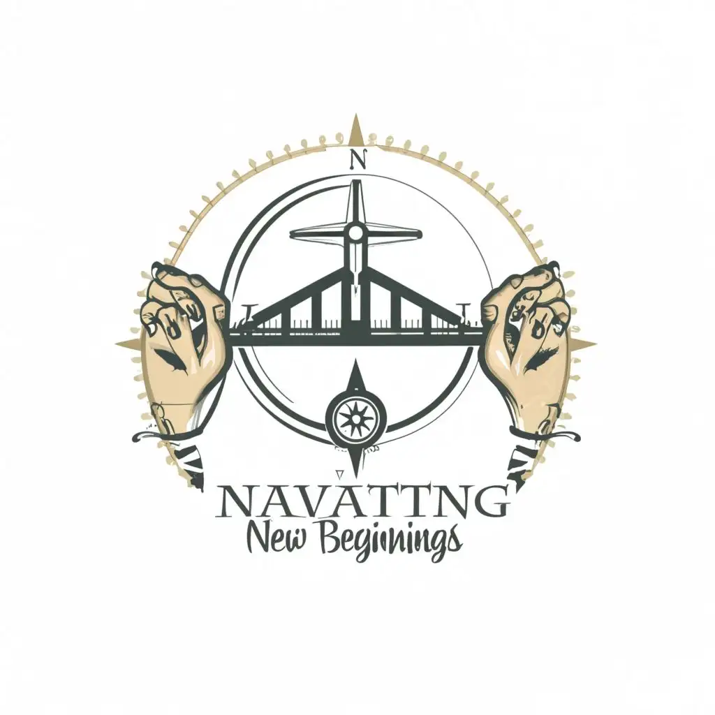 logo, bridge
Compass
Hands
, with the text "Navigating New Beginnings ", typography, be used in Nonprofit industry