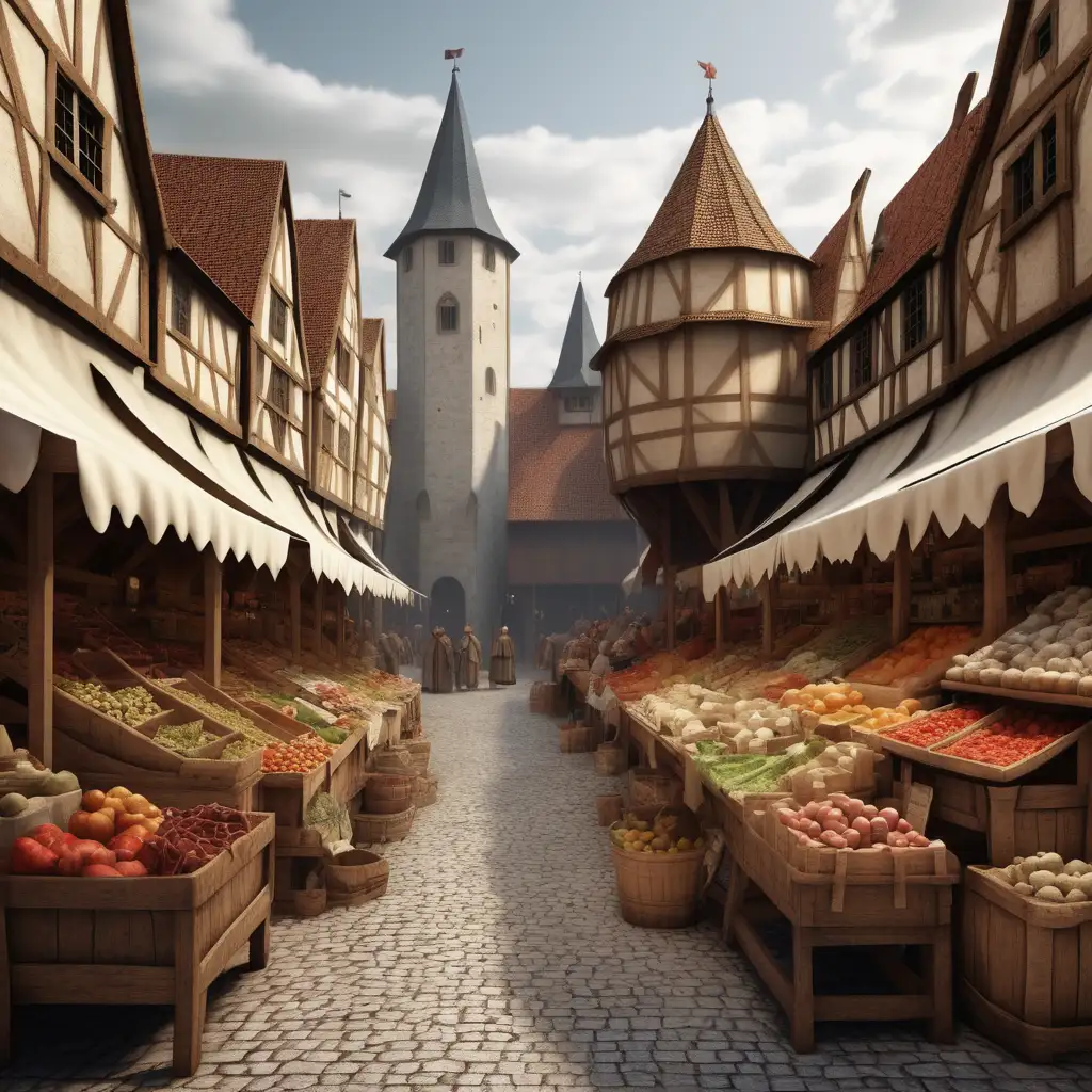 Create a picture of a market center in the Middle Ages