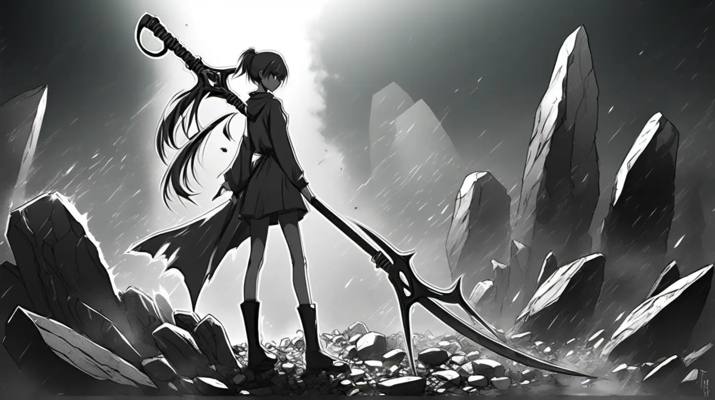 anime sketches concept, girl holding a large scythe, figurine base, slashing effects, rocks