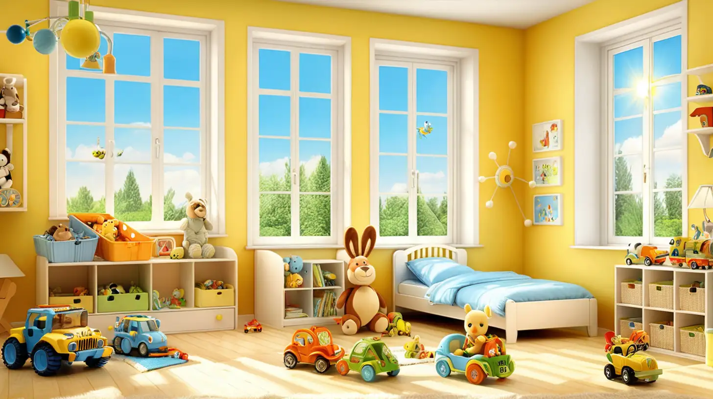 Vibrant Childrens Playroom with Sunlit Window and Toy Wonderland