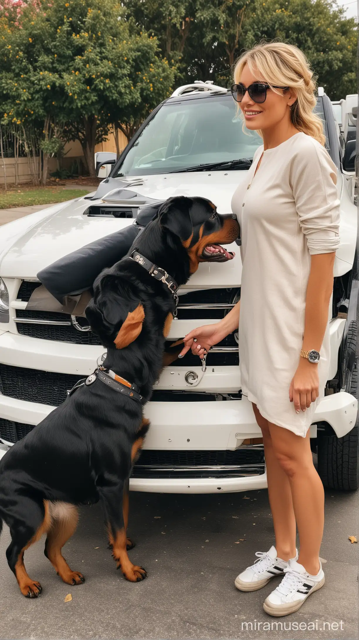 Kind Black Rottweiler Playing with Beautiful Blonde Woman Next to White Mercedes