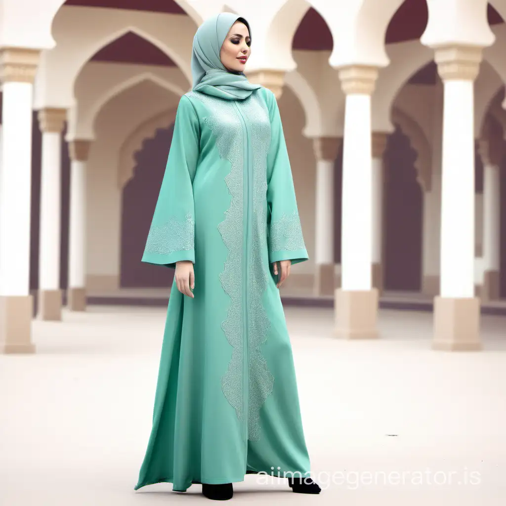 create image of lady wearing full length  abaya in sea green colour  with matching  scarf with a cut and sew  design  lengthwise and with elegant slim and sleek embroidery