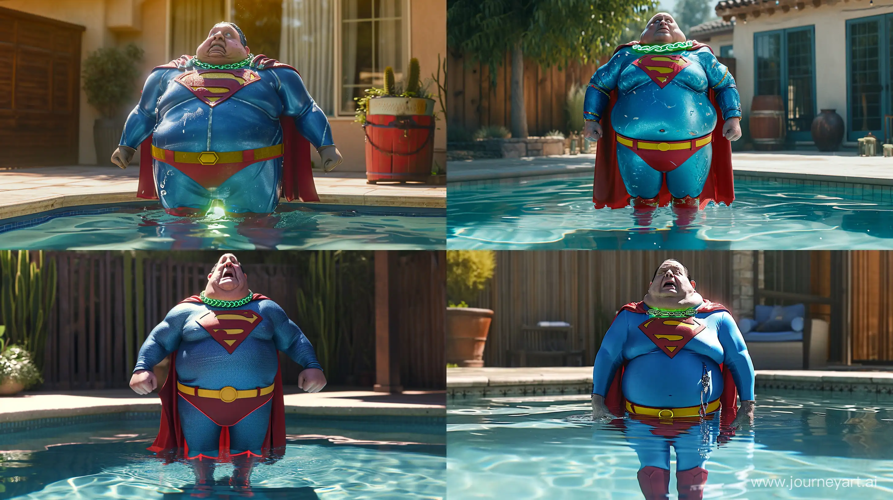 Photo of a chubby man aged 70. He is drowning in a shallow pool. He is wearing a slightly shiny blue superman costume with a large red cape, red boots, blue shirt, blue pants, yellow belt and red trunks. He wears a heavy glowing green chain collar on his neck. Outside. --style raw --ar 16:9 --v 6