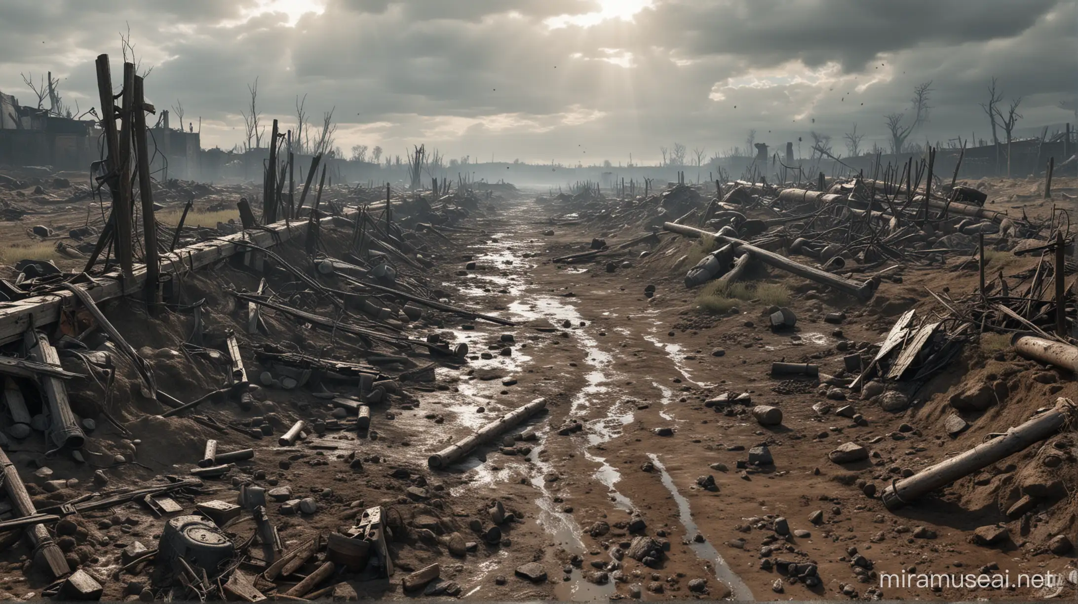 Generate a 8K hyperrealistic image depicting the horrific battlefields of the First World War, with Unreal Engine v5 rendering capturing the devastation and chaos of the scene. Ensure the 3D rendering is highly detailed, showcasing the muddy trenches, barbed wire entanglements, and shell craters littering the landscape. Utilize HDR lighting to enhance the grim atmosphere, with photorealistic textures conveying the brutality of warfare. Incorporate high-resolution elements of soldiers, equipment, and artillery strewn across the battlefield to add authenticity to the scene. The image should evoke a sense of despair and tragedy as it portrays the harsh realities of war
