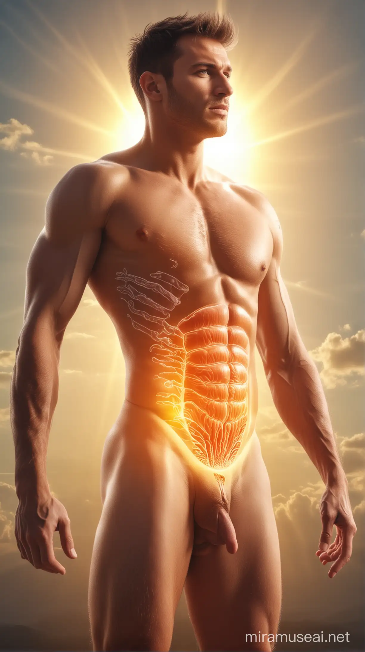 Digestion diagram in  men body, natural background, sun light effect, 4k, HDR, morning time weather