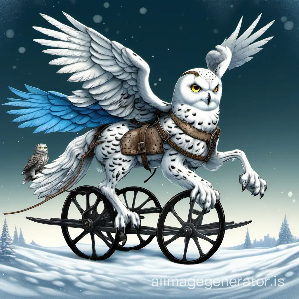 small snowy owl with blue tinge wings riding a skeletal clydesdale horse