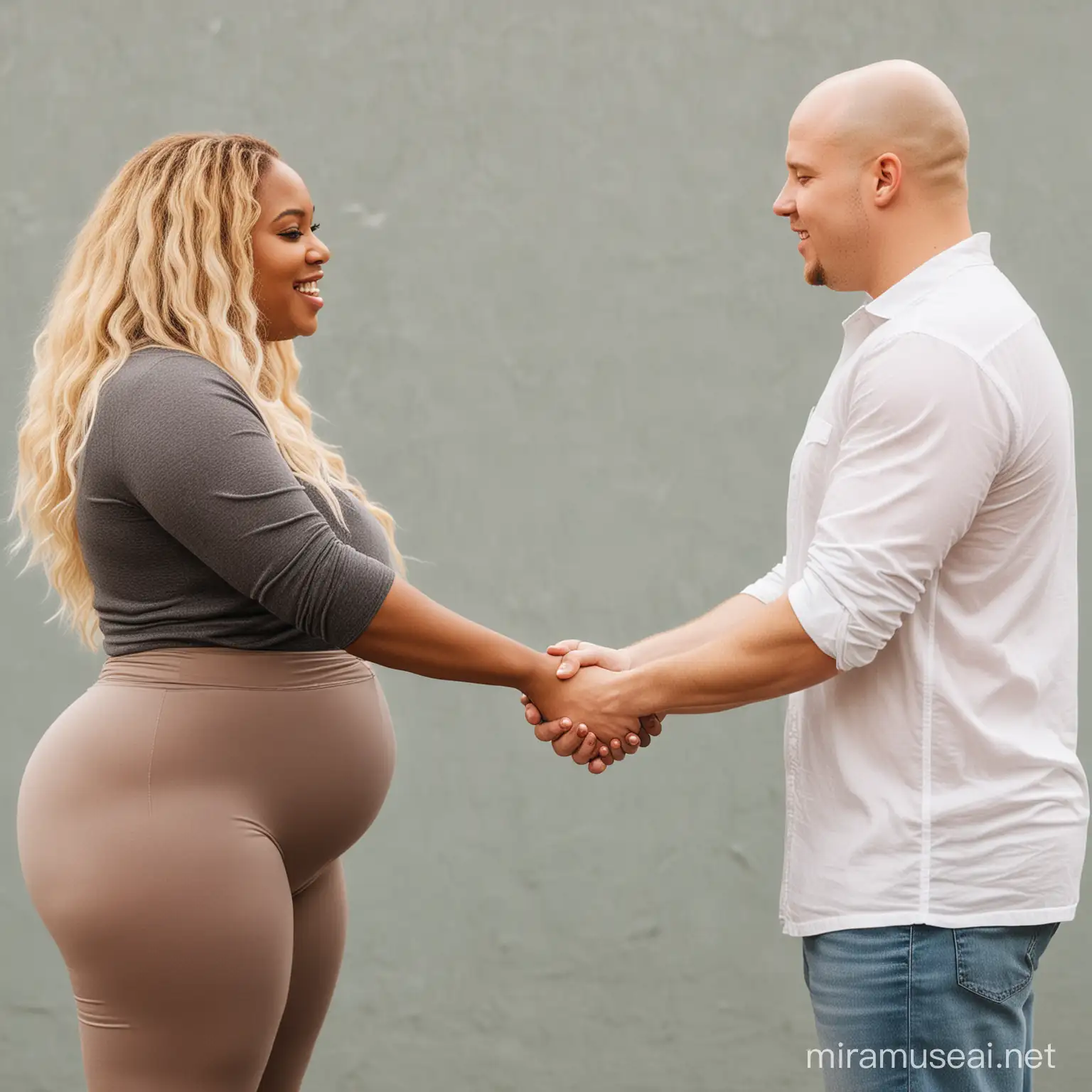 Jessica a slightly overweight black woman with long blonde hair, Tim a bald fit white guy. Holding hands and in love with each other