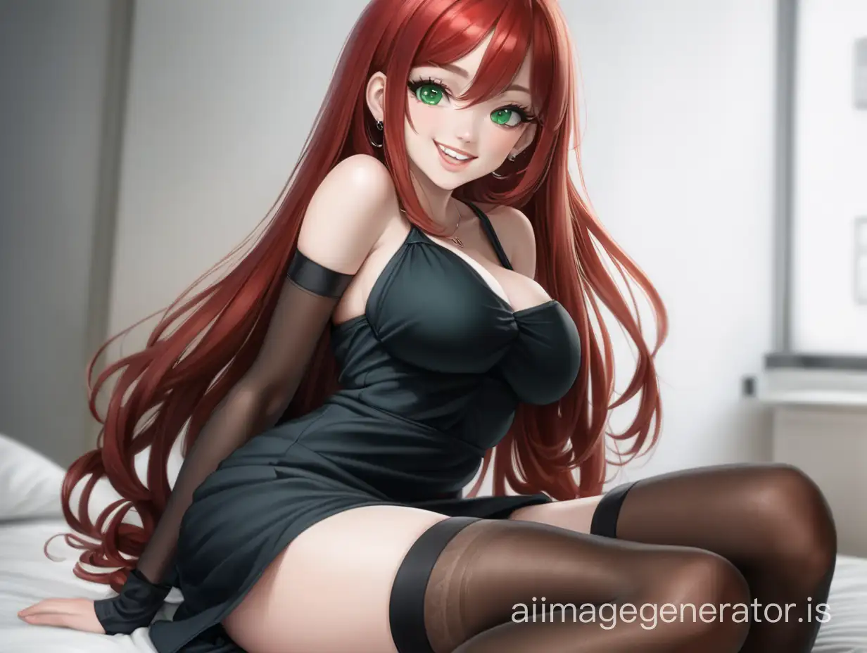 red-haired long-haired girl, smiling, big lips, big green eyes, black loose short dress, black stockings, long legs, slim waist, wide hips, big butt, big chest, standing leaning, sex