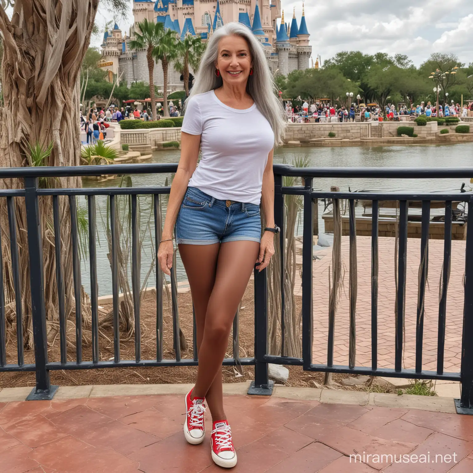 mature woman with long silver hair, shiny brown pantyhose, jean shorts, red converse sneakers, at disney world