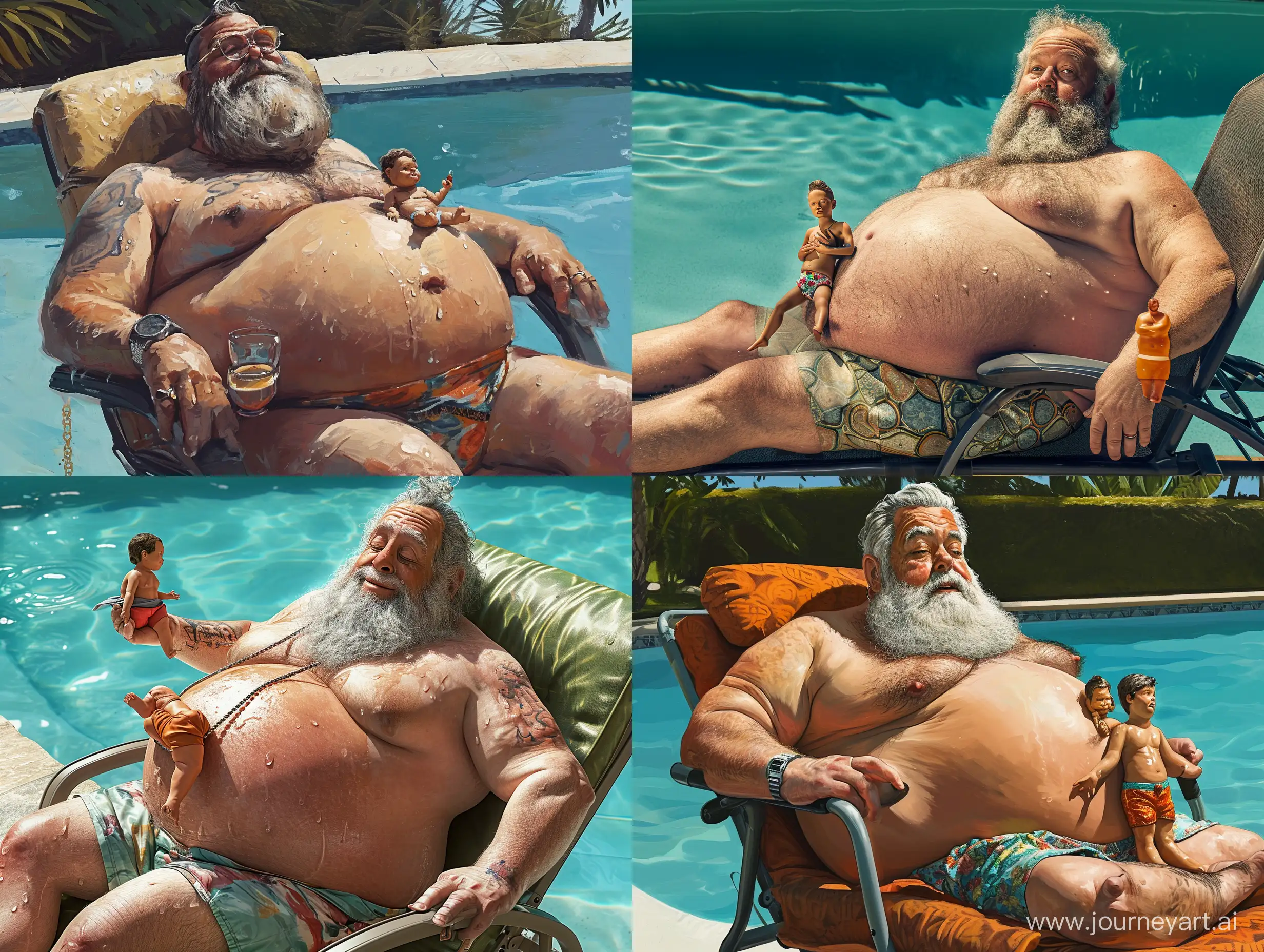 overweight and heavyset 50-year-old bearded big bellied man, wearing tiny swim trunks, laying on a pool recliner, clear detailed face, tiny man on his belly