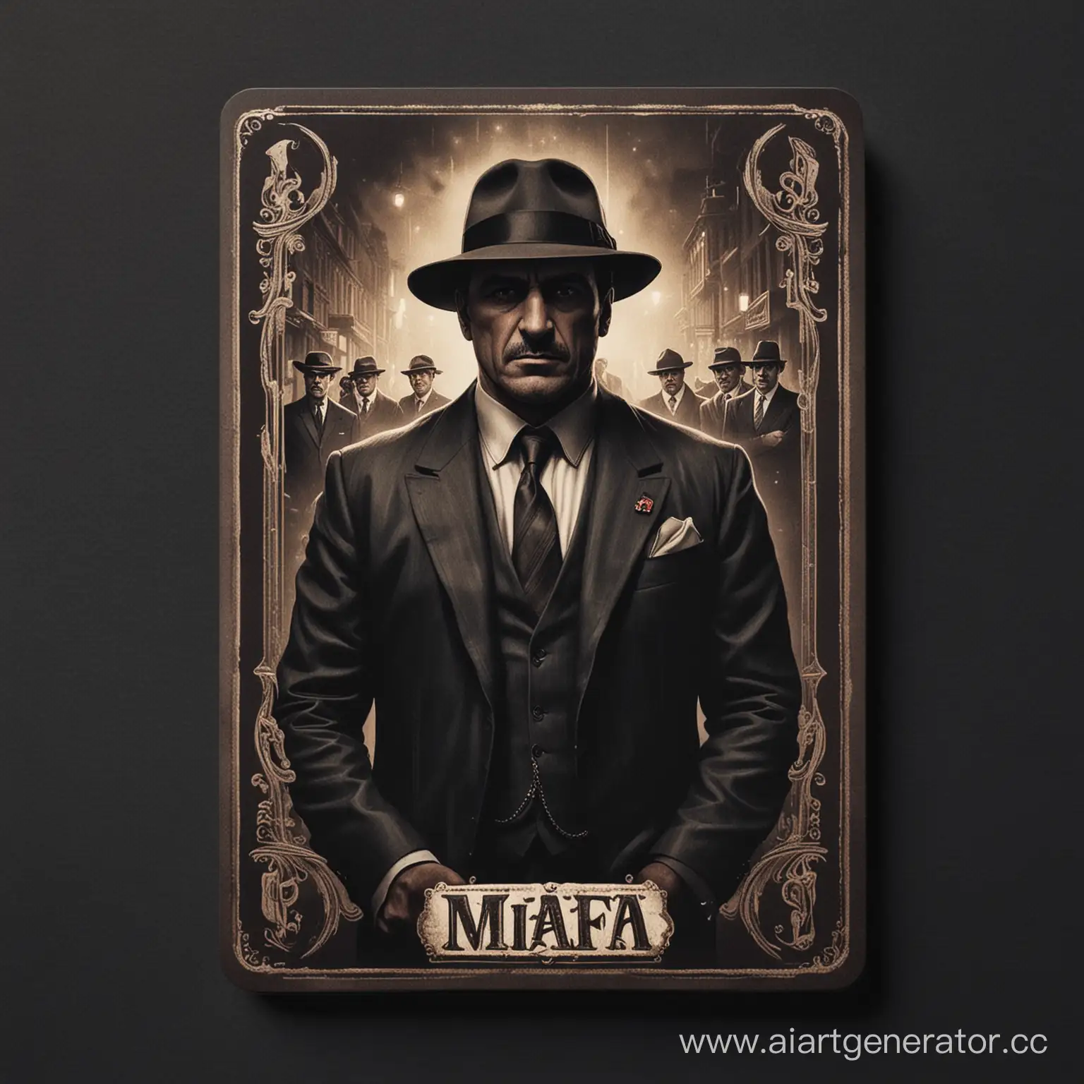 Карточка настольной игры с изображением главы мафии, в тёмных тонах