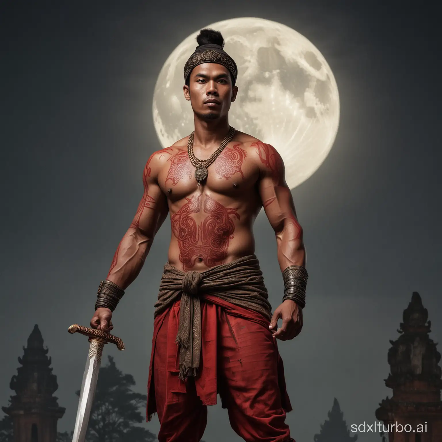 A handsome man with a large, athletic body like an ancient Javanese king, was seen standing in front of the ancient kingdom of Majapahit carrying a large sword with red paint on the blade. Against the background of a full moon night.